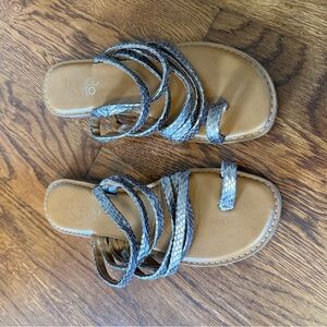 Strappy Sandals - Tan & Dark Metallic Silver